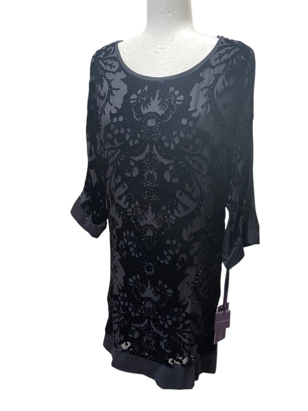 NWT Hale Bob Black Velvet Silk Beaded Dress Tunic Jersey Stretchy Size Small